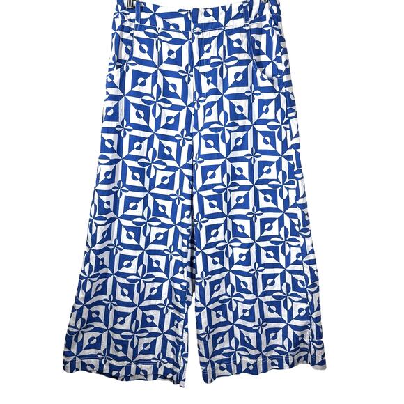 FREE PEOPLE Menorca Wide Leg Blue & White Geometric Print Crop Pants Size 12 - Picture 1 of 14